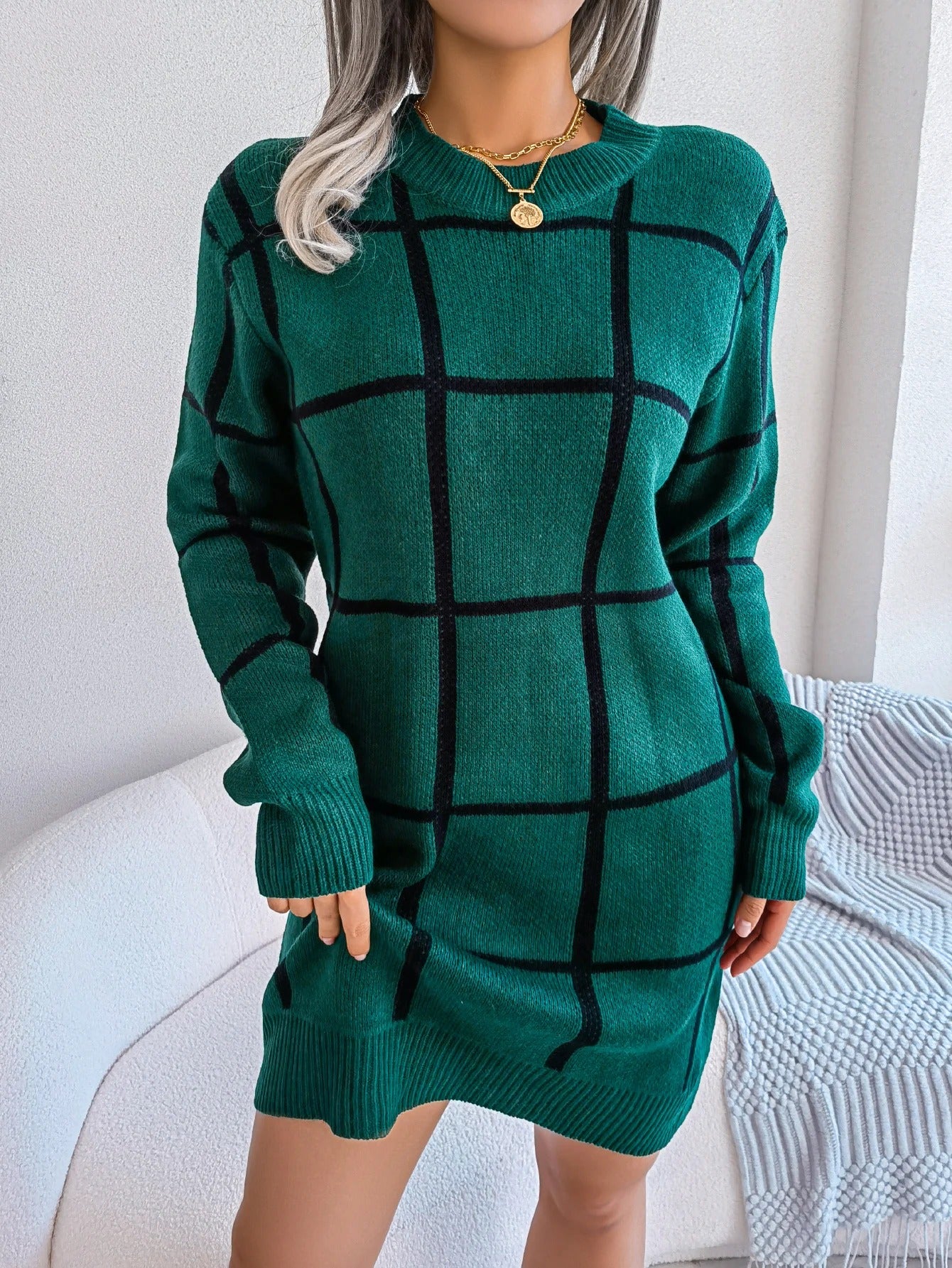 Plaid Knitted Sweater Dress