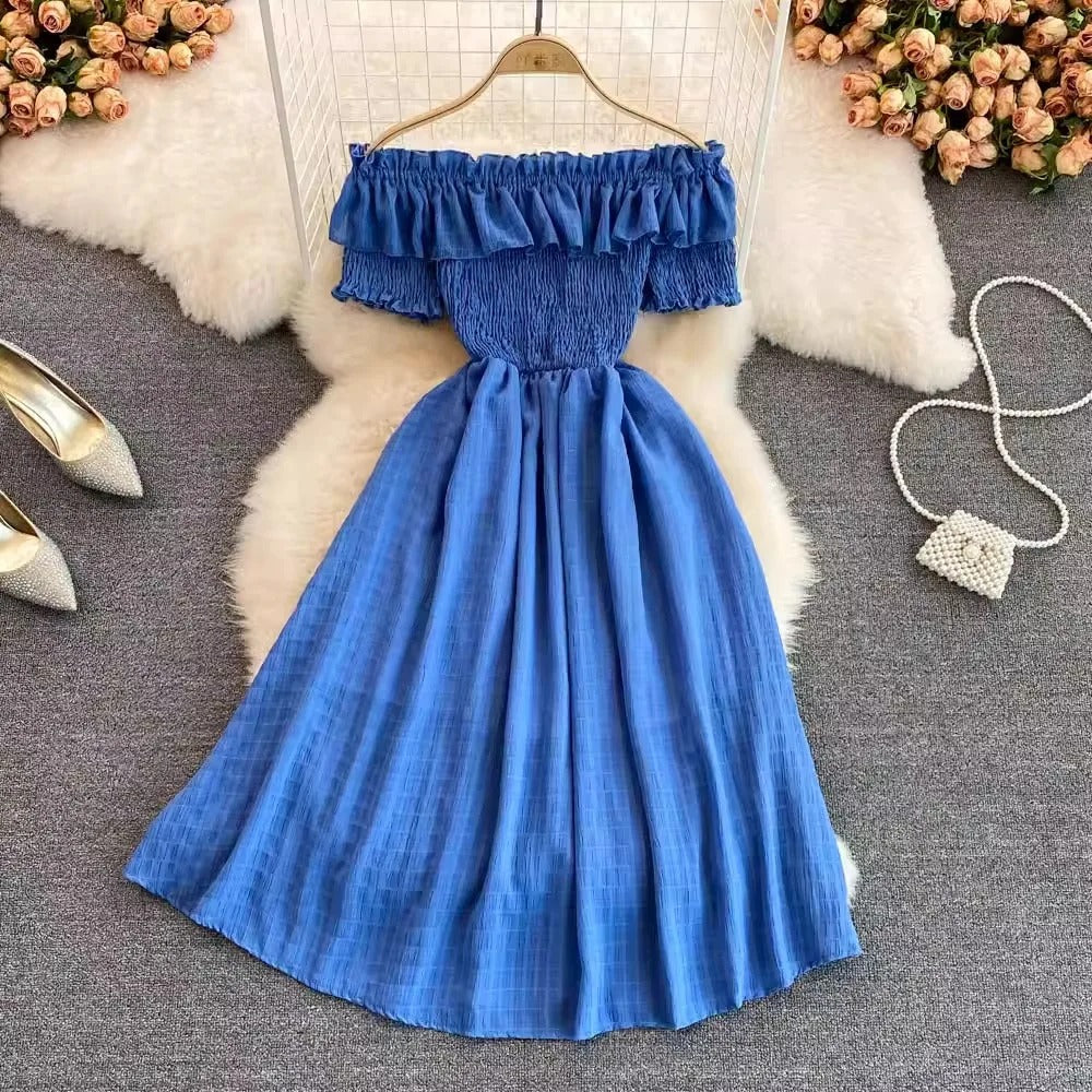 Ruffled Off-Shoulder Chiffon Dress